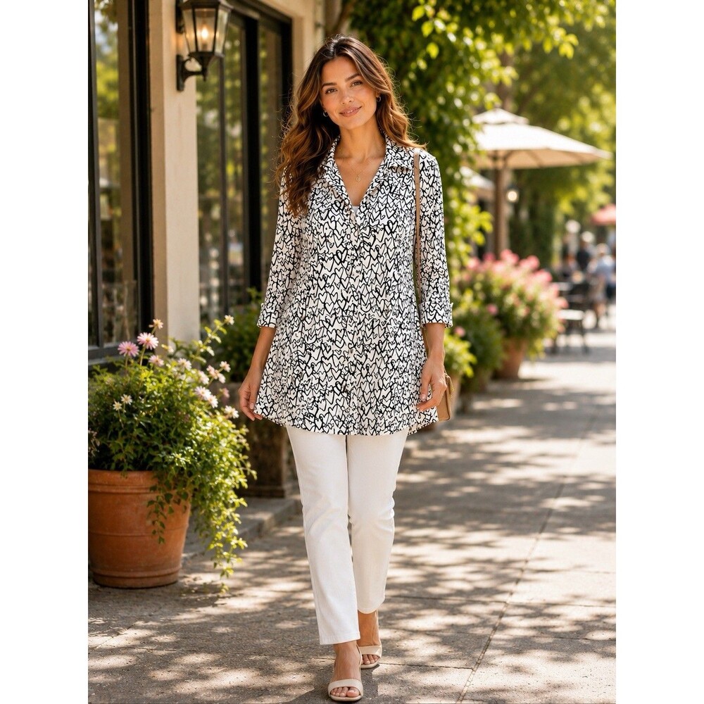 Chico's Modernist Wrinkle-Resistant Shirt Tunic Top White Black Hearts Large
